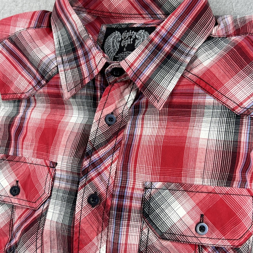 Eighty Eight Mens Large Shirt Button Pocket Front l/s Casual Red Black Plaid